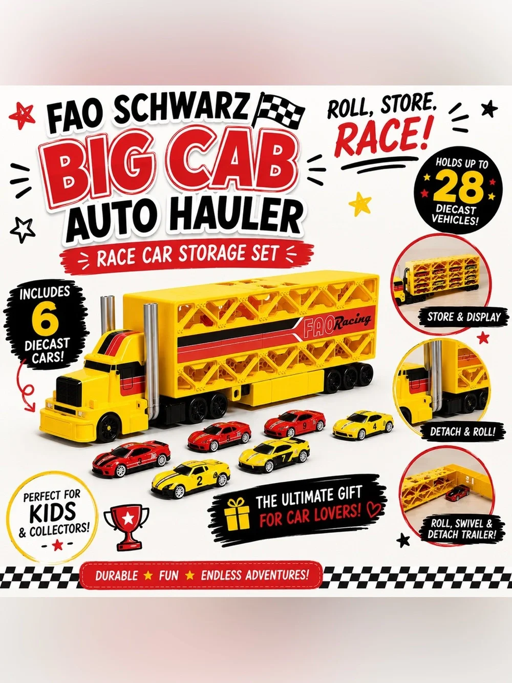 FAO Schwarz Big Cab Auto Hauler in Yellow with Red and Black Accents
